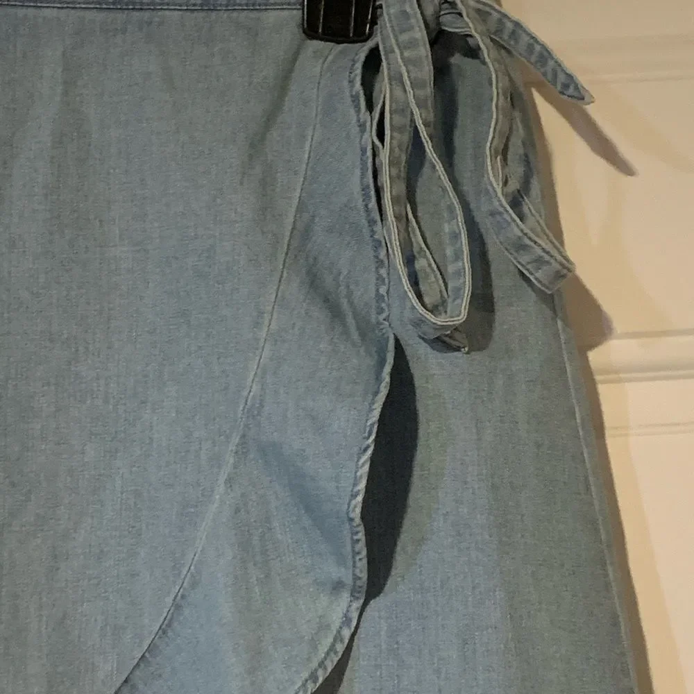 J Crew Mercantile Soft DenimBlue Mini Wrap Skirt with Ruffled Hem